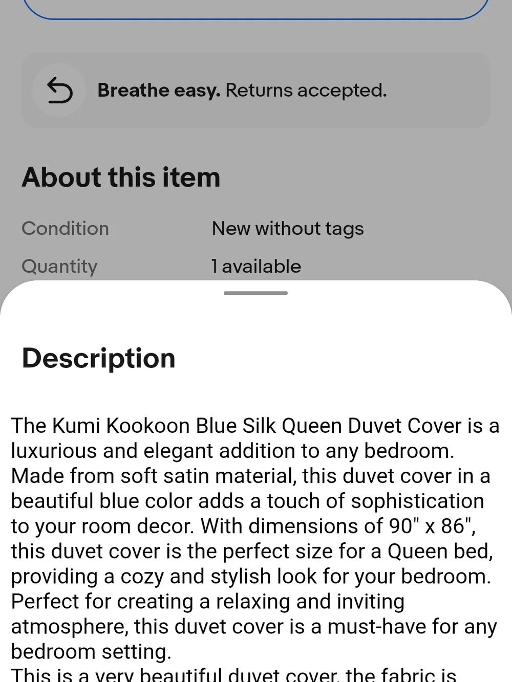 NWOT Kumi Kookoon Light Blue Silk Duvet Cover